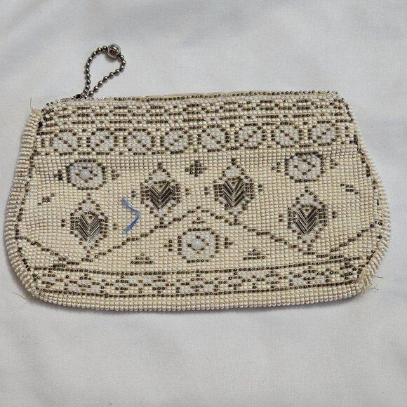 Vintage Czech Beige Beaded Mini Wristlet Clutch Silver Tribal Design Zipper Clos - Picture 1 of 7